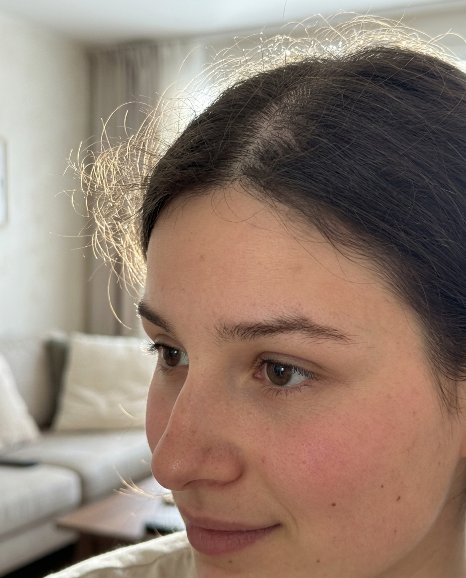 Close-up of short fuzzy baby-hair regrowth standing up along the hairline and temples, backlit by window light