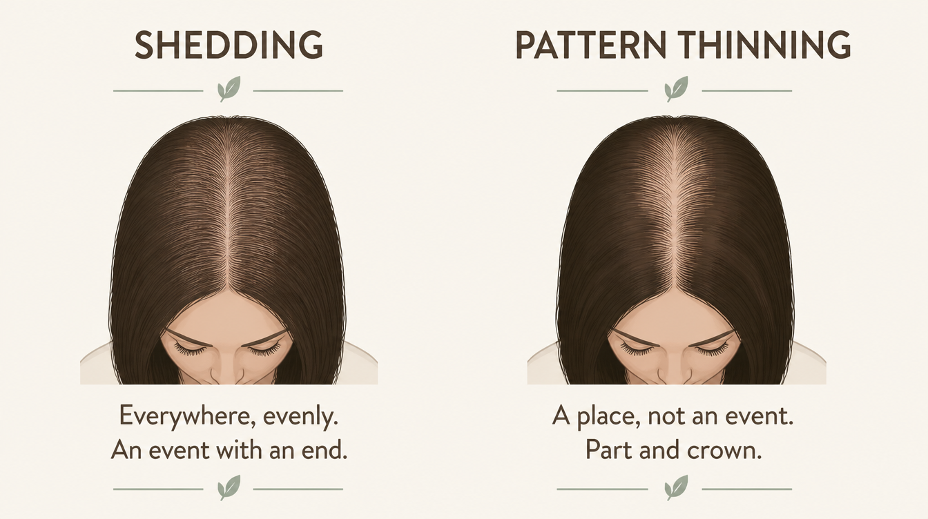 Simple diagram comparing diffuse shedding across the whole scalp versus pattern thinning concentrated at the part and crown