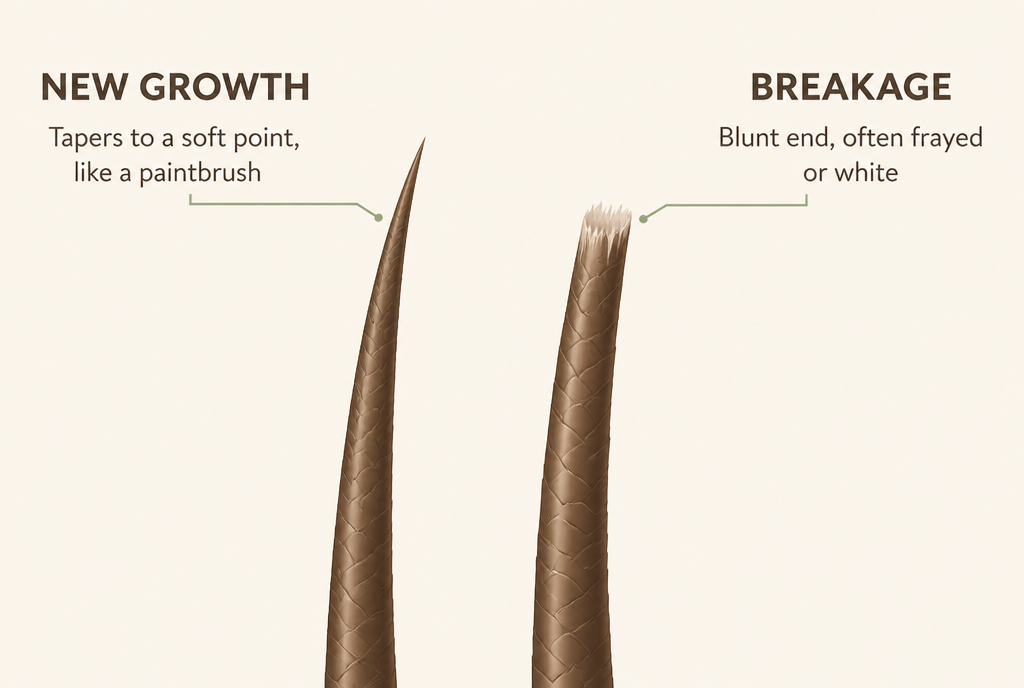 Macro comparison of two short hairs: a new-growth hair tapering to a fine soft point next to a broken hair with a blunt frayed end