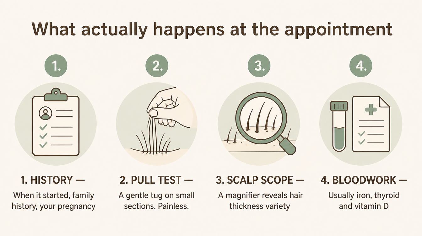 Step graphic of the dermatologist visit: history conversation, gentle pull test, dermatoscope exam, and usually bloodwork