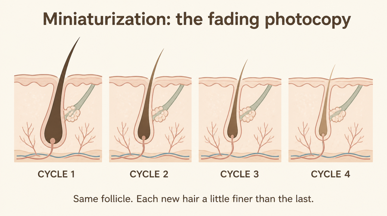 Diagram of follicle miniaturization showing a follicle producing progressively finer, shorter hairs over successive cycles