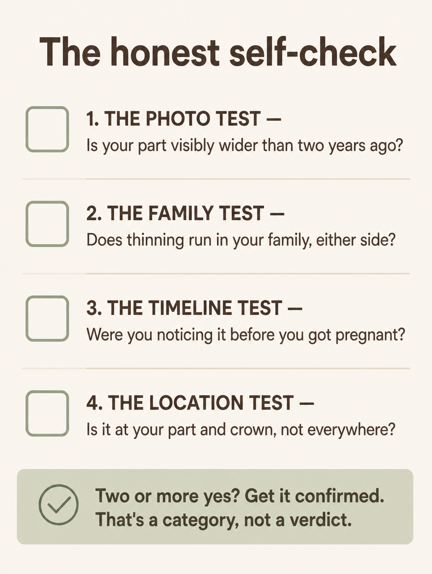 Card graphic of the four self-check questions: the photo test, the family test, the timeline test, and the location test