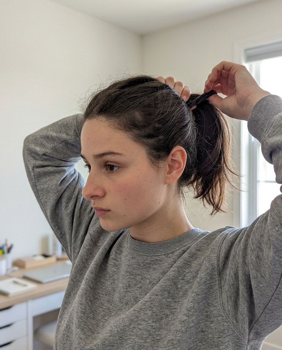 Side view of a ponytail being wrapped with an elastic to demonstrate logging the wrap count as a density measure