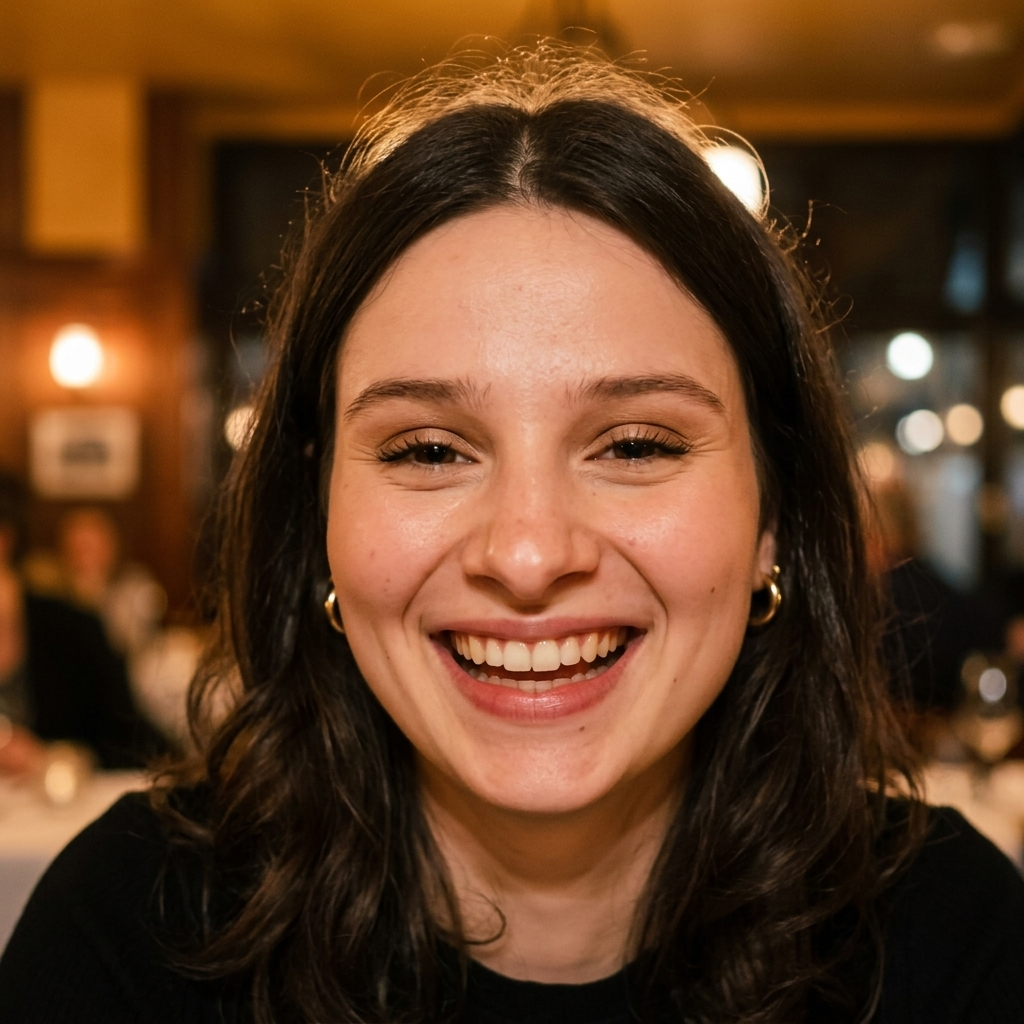 Kelsey Mora, founder of I'm Still Me, smiling and mid-laugh at a restaurant in the evening