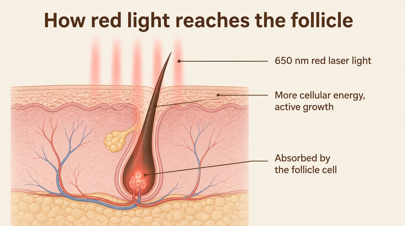 Diagram of low-level laser therapy: red light at 650 nanometers reaching the follicle and boosting cellular energy production